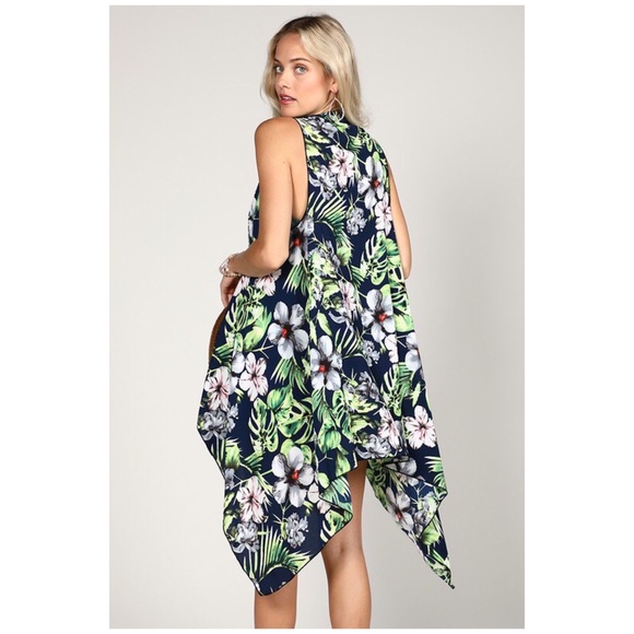 CLEARANCE Navy Tropical Floral Leaf Handkerchief Vest - Picture 3 of 3